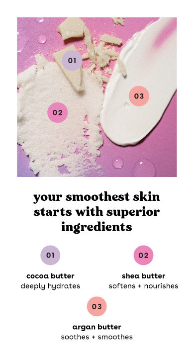 Your smoothest skin starts with superior ingredients. Cocoa Butter, Shea Butter, Argan Butter