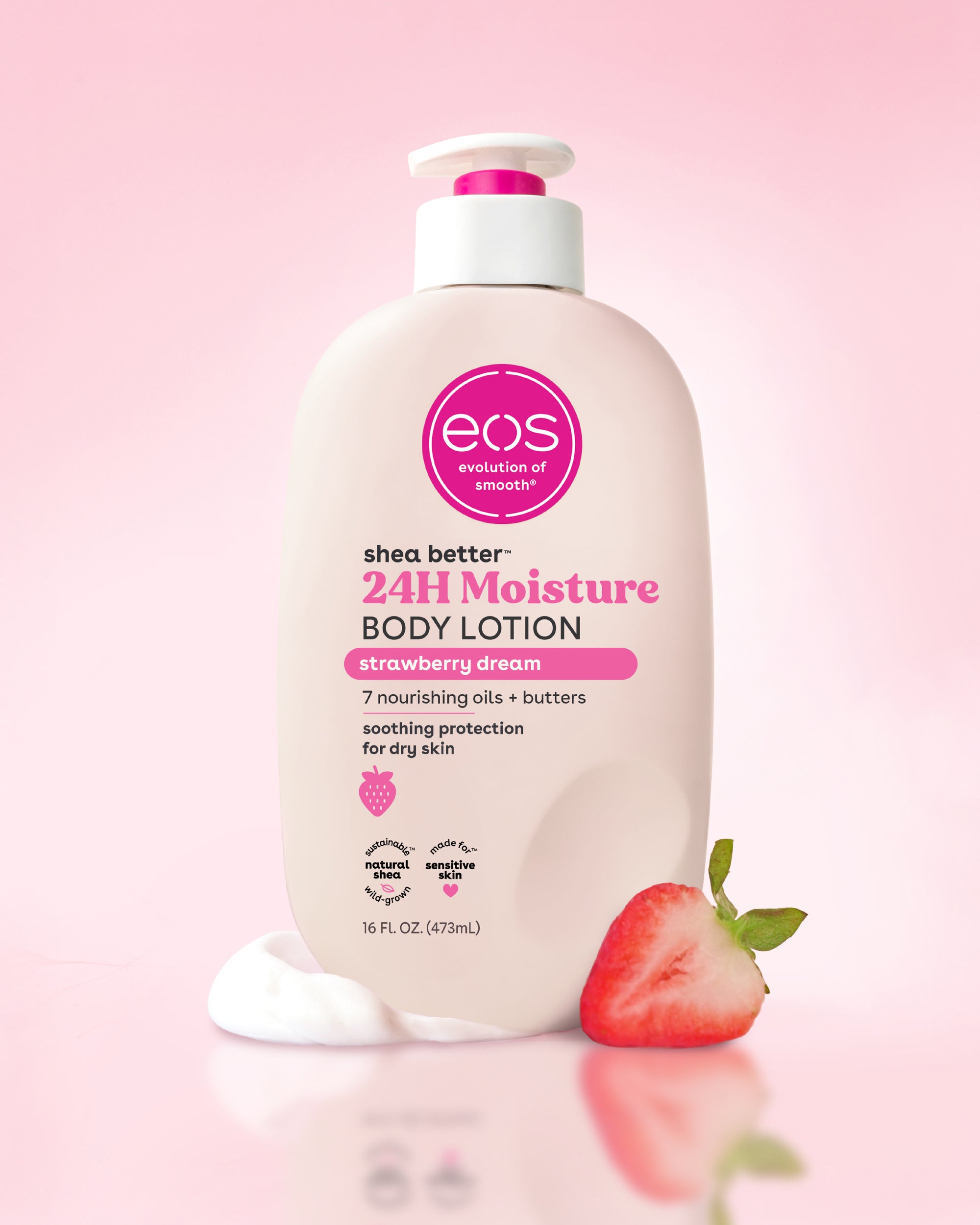EOS strawberry dream body lotion on a pink background