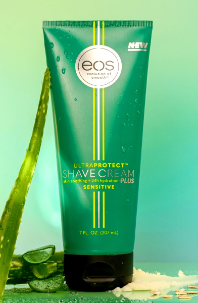 Sensitive Fragrance Free eos Ultra Protect shave cream sitting within the ingredient cues