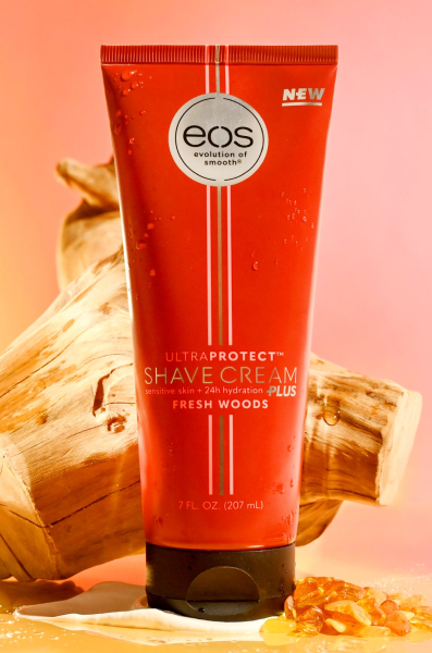 Fresh Woods eos Ultra Protect shave cream sitting within the fragrance cues